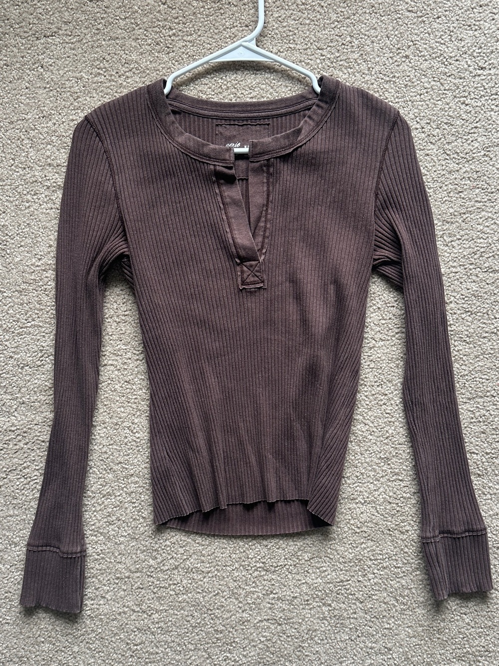 aerie Brown Ribbed Long-Sleeve Henley Top